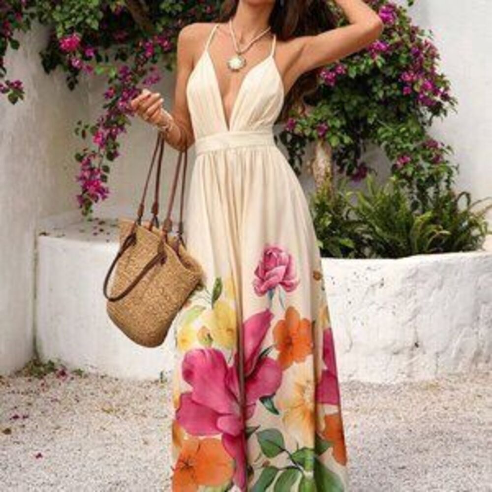 Multicolor Boho Vacay Women's Floral Print Deep V Neck Backless Maxi Dress - Picture 3 of 5